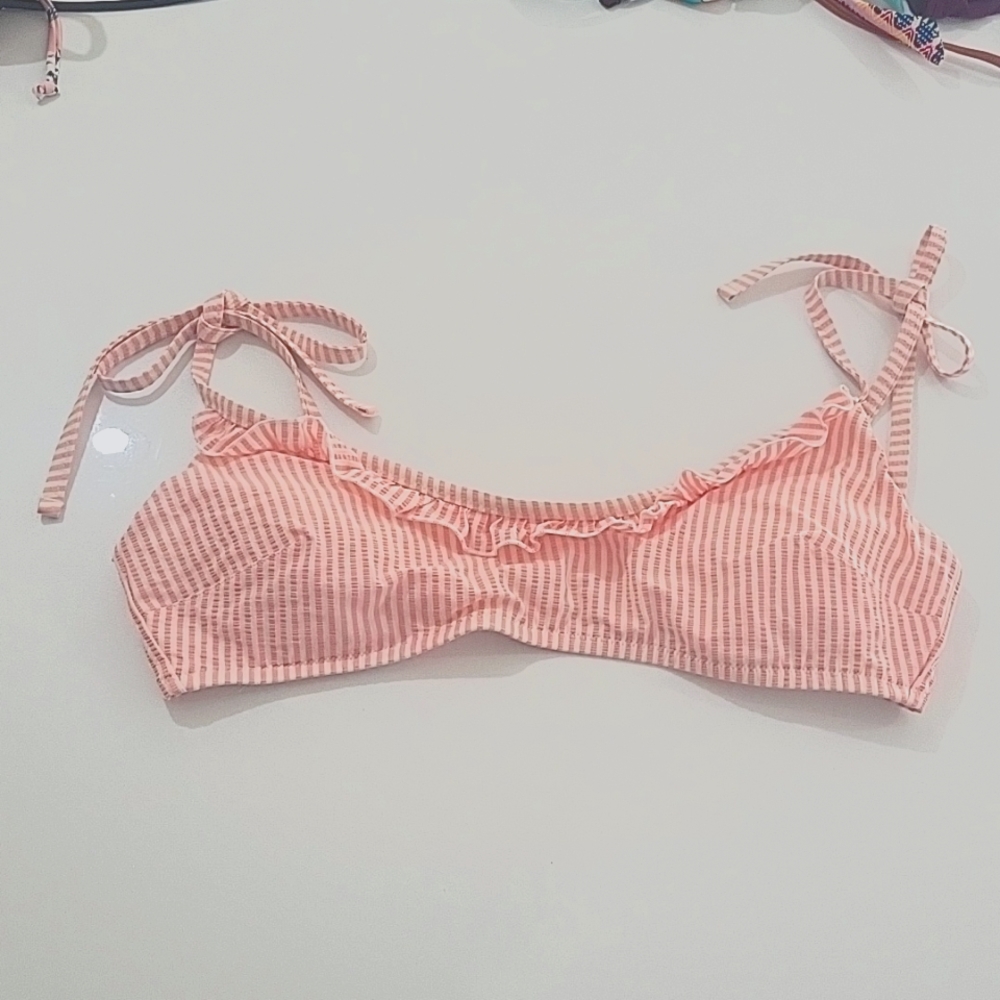 Aerie Pink & Whote Striped Scoop Bikini Top Sz L